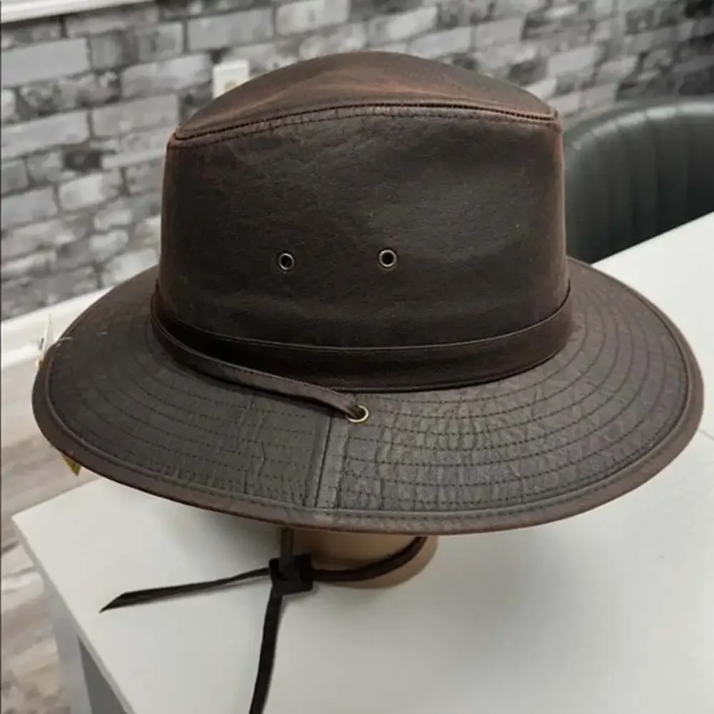Brown Wide Brim Hat with Chin Strap